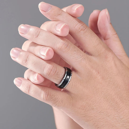 Men's 8mm Tungsten Brushed Black Silver Groove CZ Comfort-Fit Wedding Band